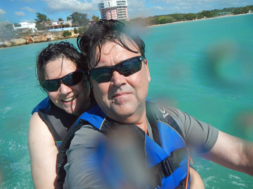 Wendy and Greg on jet ski at Playa Santa, Guanica, Puerto Rico