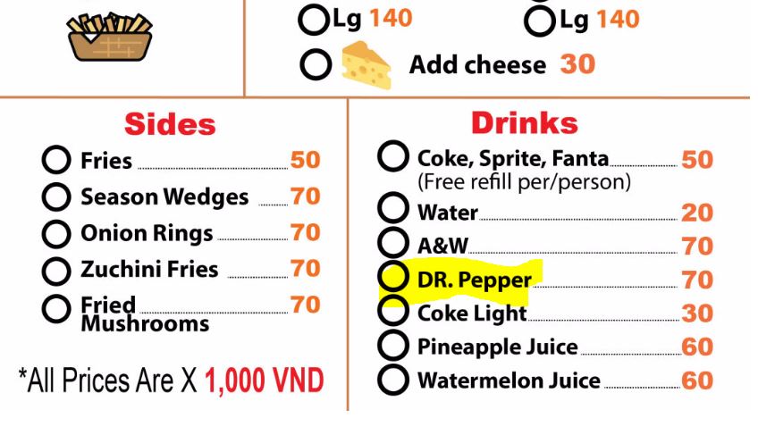 Chuck's Burgers menu snippet with Dr. Pepper