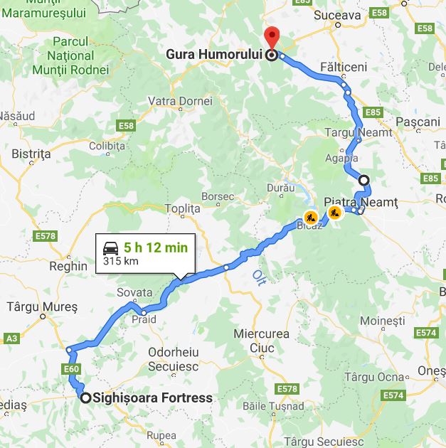 Gura Humorului to Sighisoara Romania Road Map